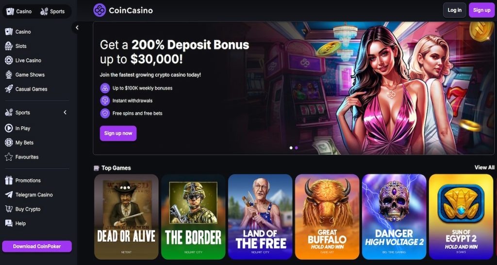 Dark-themed CoinCasino homepage featuring a 200% deposit bonus banner, glamorous casino illustration, and top crypto slot games including Dead or Alive, The Border, and Sun of Egypt 2.